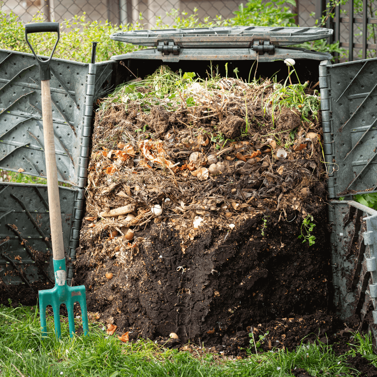 A backyard compost bin
