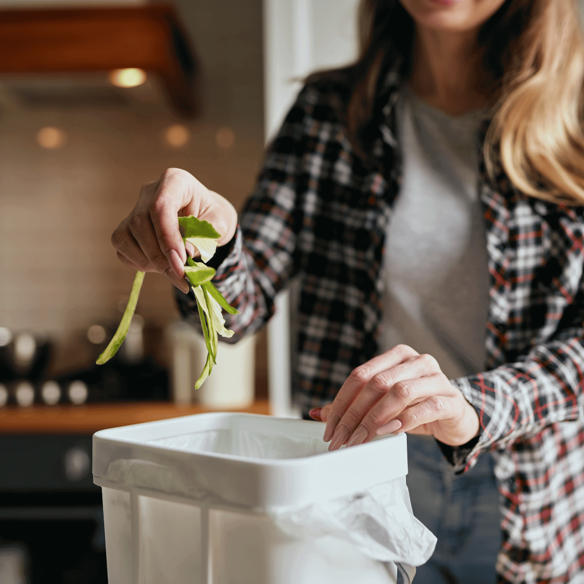 A kitchen counter with a compost bin