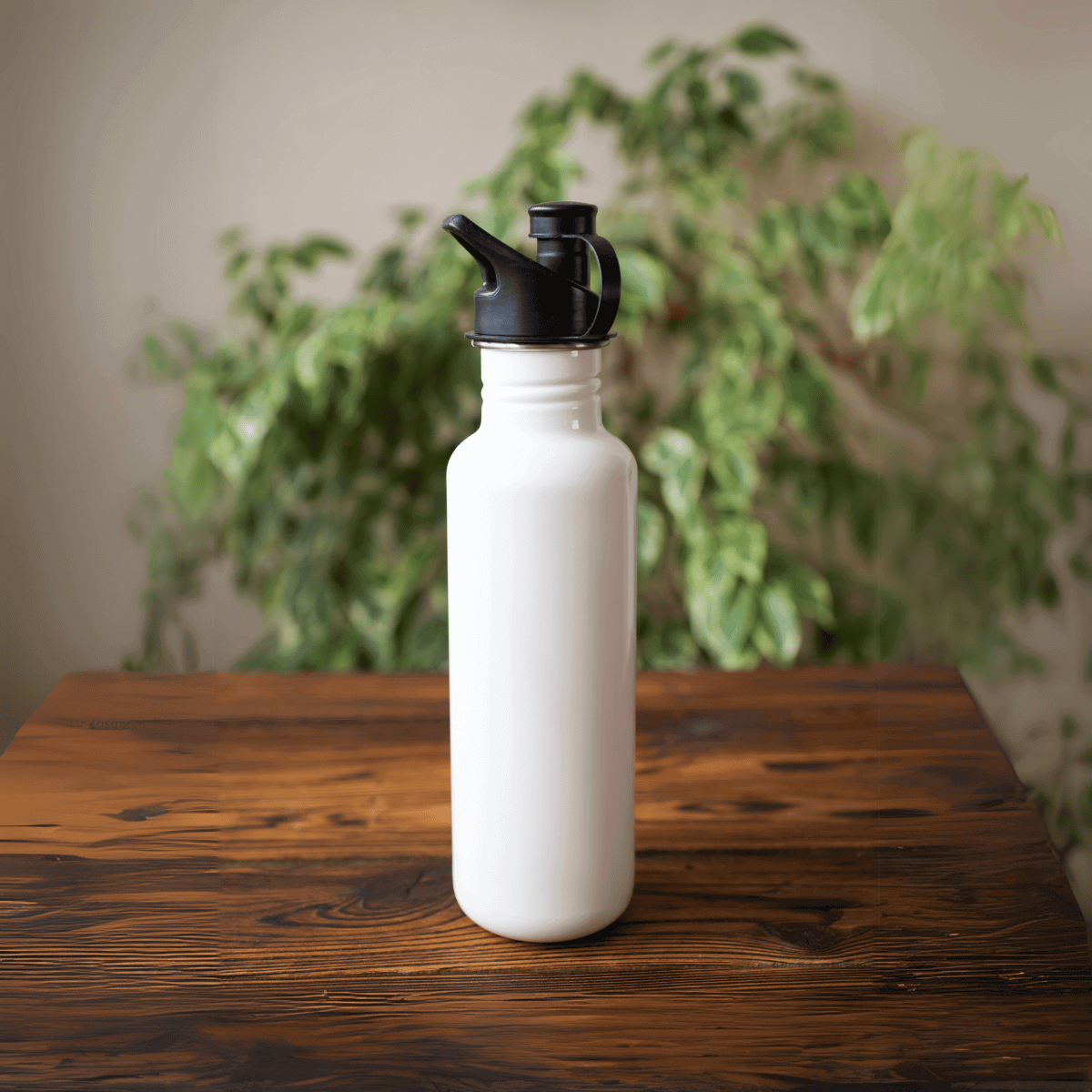 A stainless-steel water bottle on a table