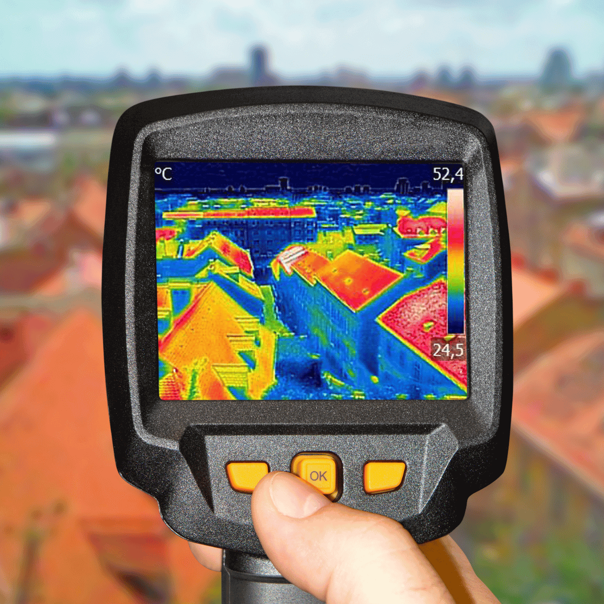 A thermal imaging camera with houses