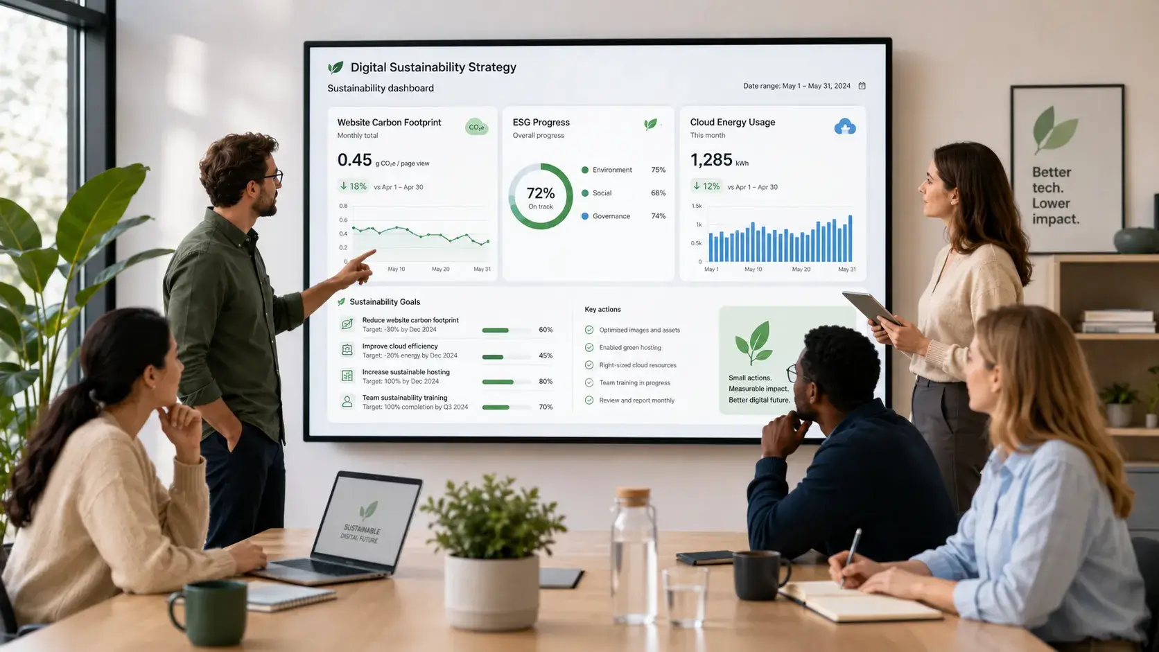 A business team reviewing a digital sustainability dashboard showing website carbon footprint, ESG progress, cloud energy use and sustainability goals.