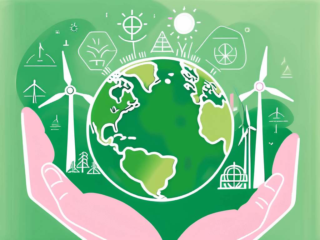 A pair of hands cradles a green Earth surrounded by renewable energy icons, such as wind turbines and trees, emphasizing environmental protection and sustainability against a light green background.