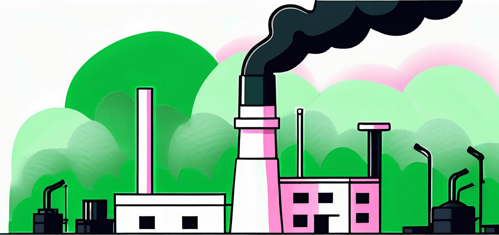 Factory with smoke emitting from chimneys.