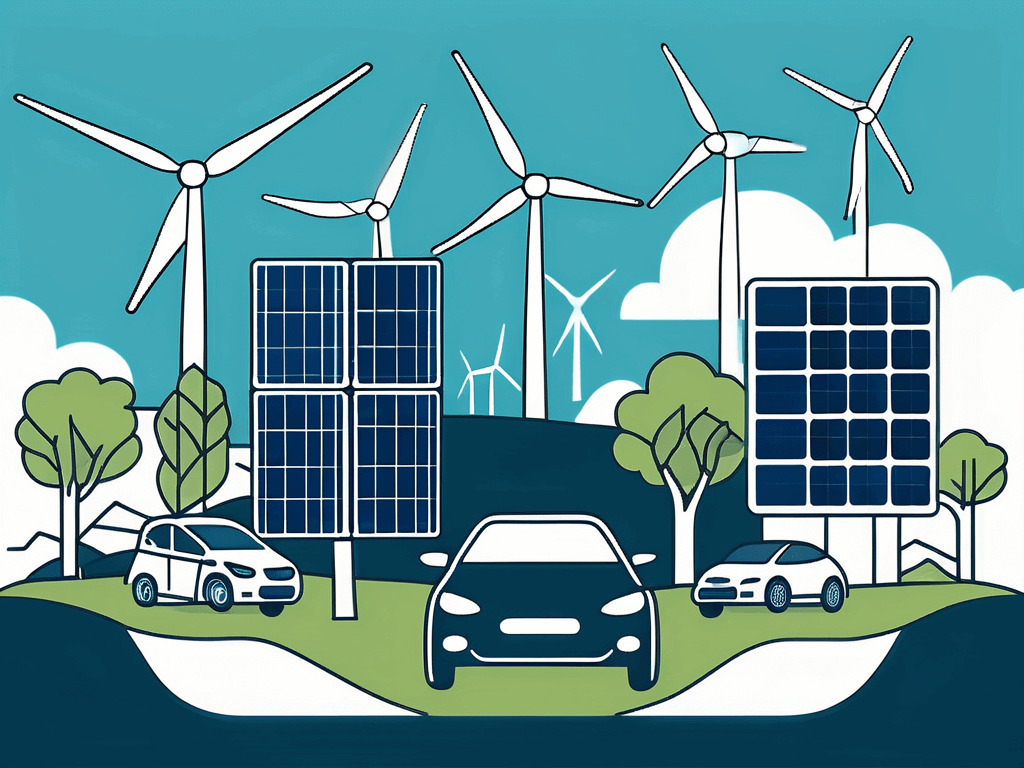 An illustration featuring wind turbines, solar panels, trees, and electric cars, representing renewable energy and sustainable transportation in a green landscape.