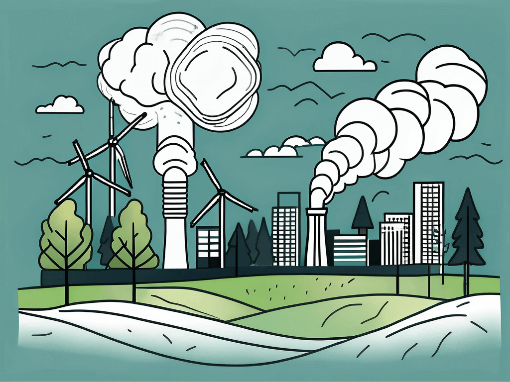 A stylized landscape depicting contrasting energy sources: wind turbines on the left, and factory smokestacks emitting clouds of smoke on the right. The scene features rolling hills, trees, and a city skyline in the background, highlighting themes of environmental concerns and energy production.
